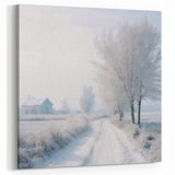 Winter Path Frosted Trees Wall Art - Snowy Road with Cottage Print