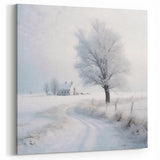Frosty Winter Tree Wall Art - Snowy Path with Cottage Canvas Print