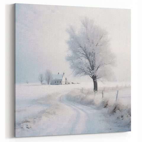 Frosty Winter Tree Wall Art - Snowy Path with Cottage Canvas Print