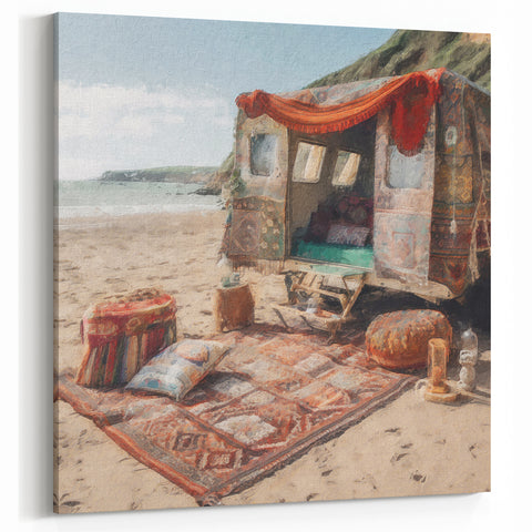 Bohemian Caravan Beach Scene - Vintage Caravan Wall Art