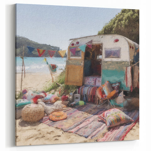 Colorful Beach Caravan Decor - Retro Travel Trailer Wall Art