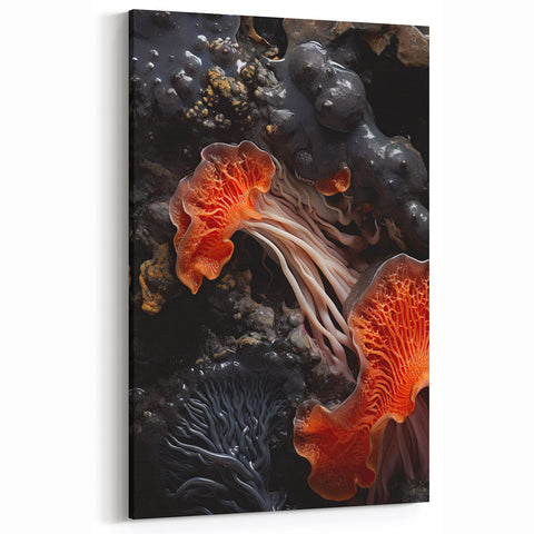 Vibrant Coral Wall Art - Fiery Red and Orange Macro Mushroom Print