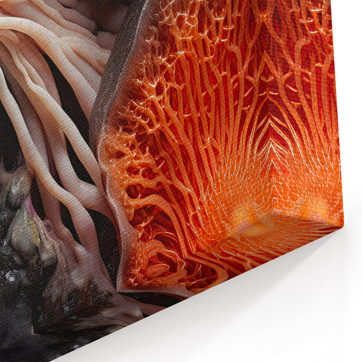 Vibrant Coral Wall Art - Fiery Red and Orange Macro Mushroom Print