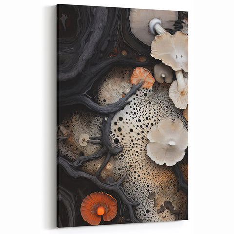 Twisted Branches and Mushroom Macro – Nature-Inspired Wall Art Print