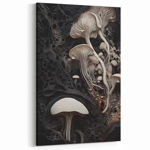 Elegant Mushroom Cluster Macro Art – Cream and Black Nature Wall Decor