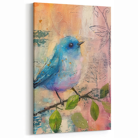 Bluebird with Leaves Wildlife Painting - Animal Canvas Wall Art for Home