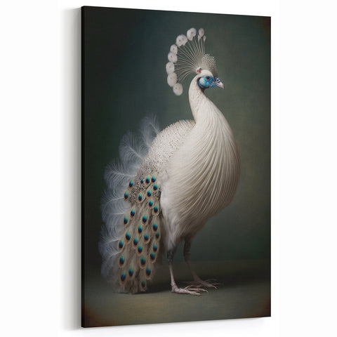 Elegant White Peacock Wildlife Painting - Animal Canvas Wall Art for Home