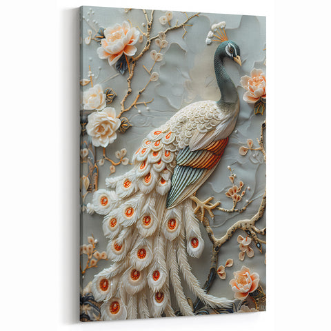 Elegant Peacock with Florals - Wildlife Painting Wall Art for Decor