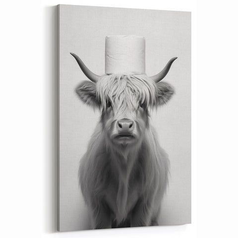 Highland Cow Bathroom Wall Art - Minimalist Black and White Decor