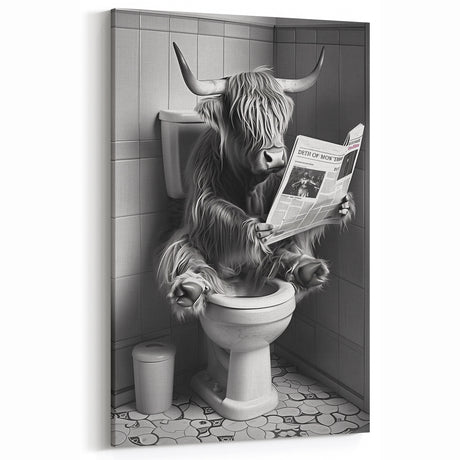 Highland Cow Bathroom Wall Art - Fun Black and White Decor
