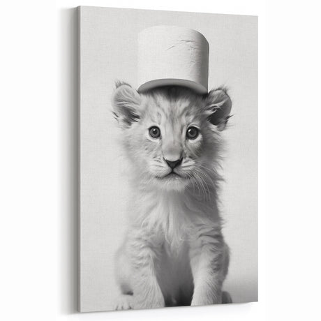 Bathroom Framed Art - Lion Cub with Toilet Roll Hat Minimalist Decor
