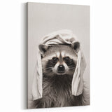 Towel-Wrapped Raccoon Bathroom Wall Art - Black and White Decor