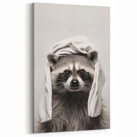 Towel-Wrapped Raccoon Bathroom Wall Art - Black and White Decor