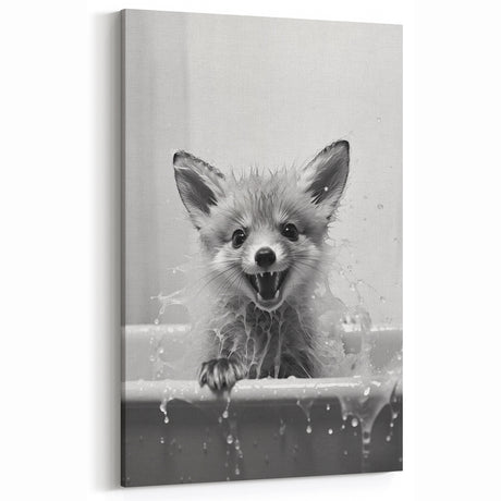 Playful Fox Bathroom Wall Art - Fun Black and White Bathroom Decor