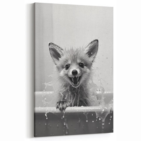 Playful Fox Bathroom Wall Art - Fun Black and White Bathroom Decor