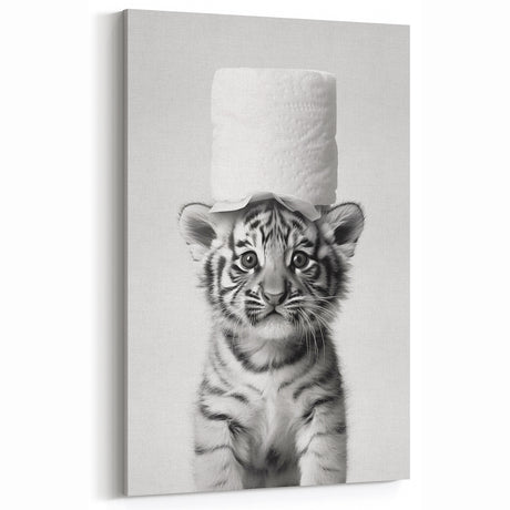 Adorable Tiger Cub Bathroom Wall Art - Fun Black and White Decor