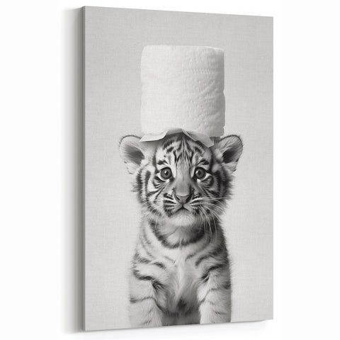 Adorable Tiger Cub Bathroom Wall Art - Fun Black and White Decor