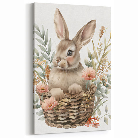 Bunny in Basket - Kids Room Wall Art Canvas and Framed Options