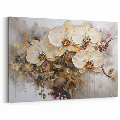 Luxurious Gold and White Orchid Abstract Floral Canvas Wall Art