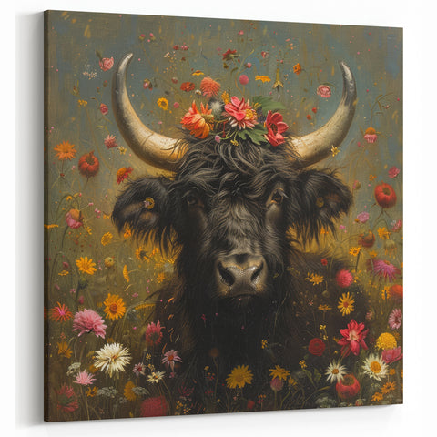 Highland Cow with Floral Crown - Wildlife Painting Wall Art