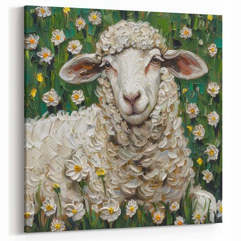 Adorable Sheep in Daisy Field - Wildlife Painting Wall Art