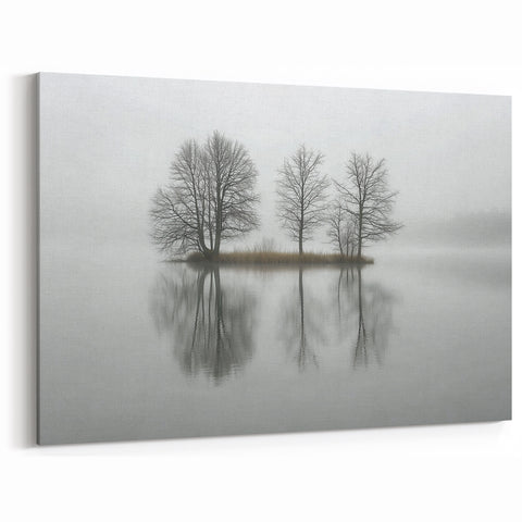 Foggy Lake Abstract Landscape - Reflective Trees Minimalist Canvas