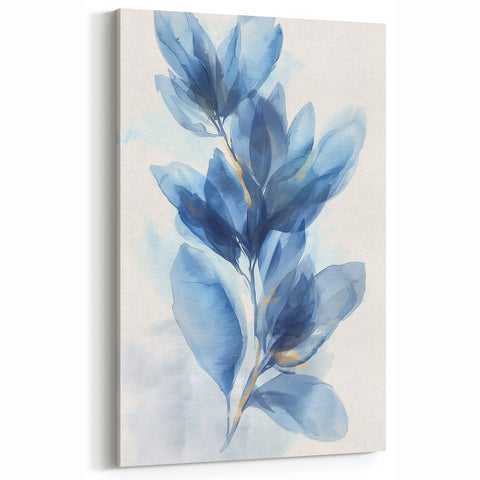 Minimalist Botanical Wall Art - Blue Leaves with Golden Accents