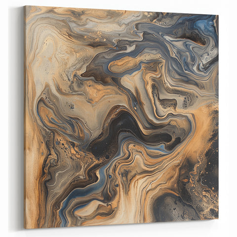Earthy Abstract Marble Art - Beige and Black Swirling Canvas Decor