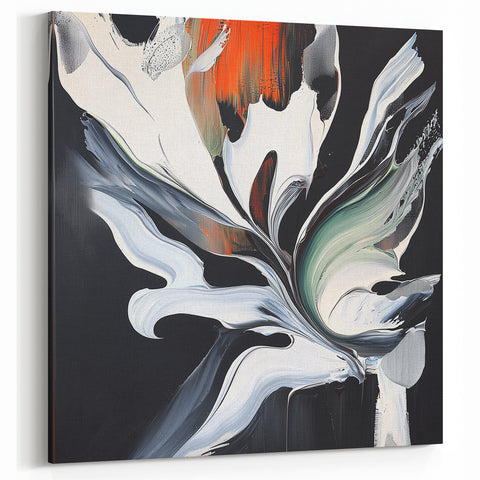 Dynamic Abstract Floral Art - Bold Black and White Canvas with Orange