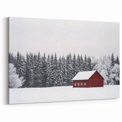 Red Barn in Snowy Forest - Rustic Winter Barn Wall Art for Farmhouse Decor