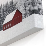 Red Barn in Snowy Forest - Rustic Winter Barn Wall Art for Farmhouse Decor