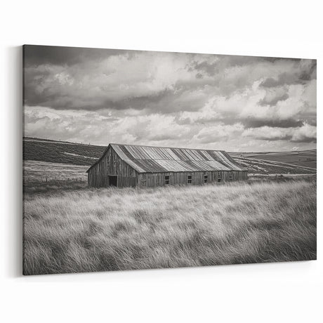 Vintage Barn in Windswept Fields - Black and White Wall Art for Decor