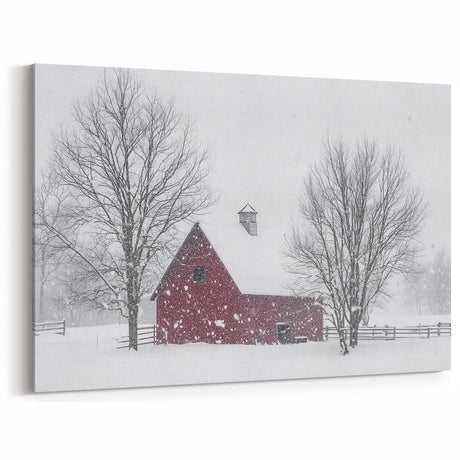 Snow Covered Red Barn - Winter Landscape Wall Art for Farmhouse Decor