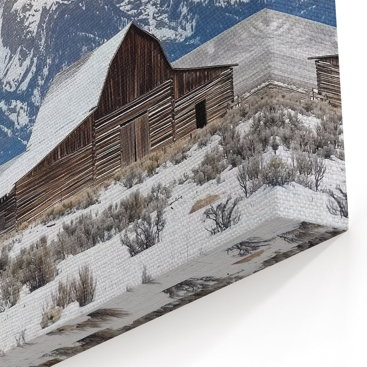 Snowy Barn and Mountain Peaks - Rustic Winter Wall Art for Farmhouse Decor
