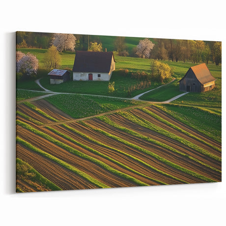 Farmhouse and Fields at Sunset - Scenic Country Wall Art for Home Decor