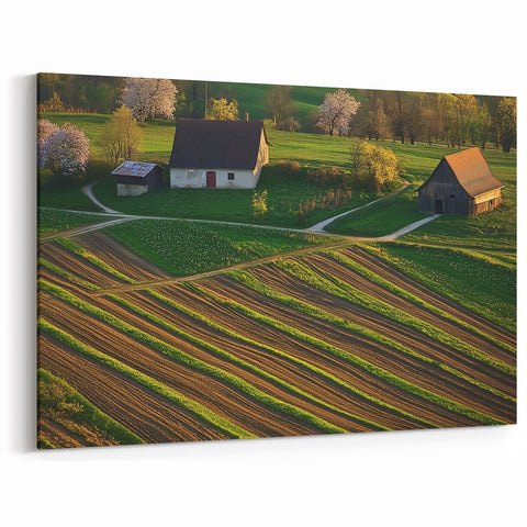 Farmhouse and Fields at Sunset - Scenic Country Wall Art for Home Decor