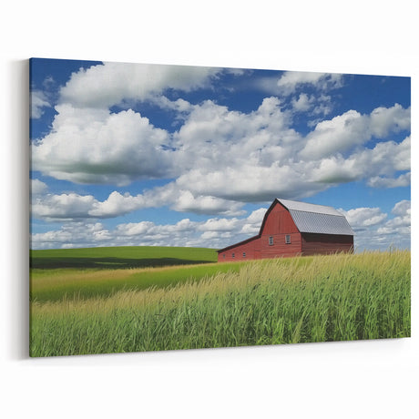 Red Barn in Summer Fields - Scenic Countryside Wall Art for Farmhouse Decor
