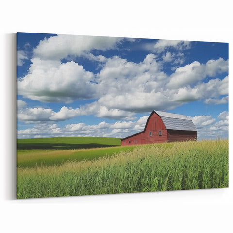 Red Barn in Summer Fields - Scenic Countryside Wall Art for Farmhouse Decor
