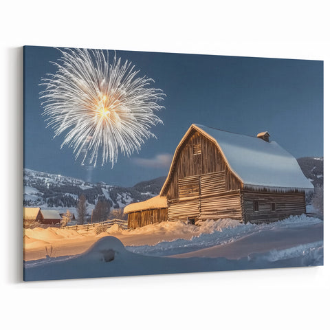Snowy Barn with Fireworks - Festive Winter Wall Art for Rustic Decor