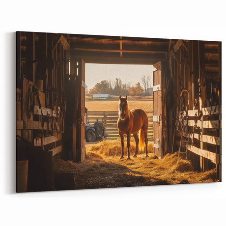 Horse in Rustic Barn at Sunset - Countryside Wall Art for Farmhouse Decor