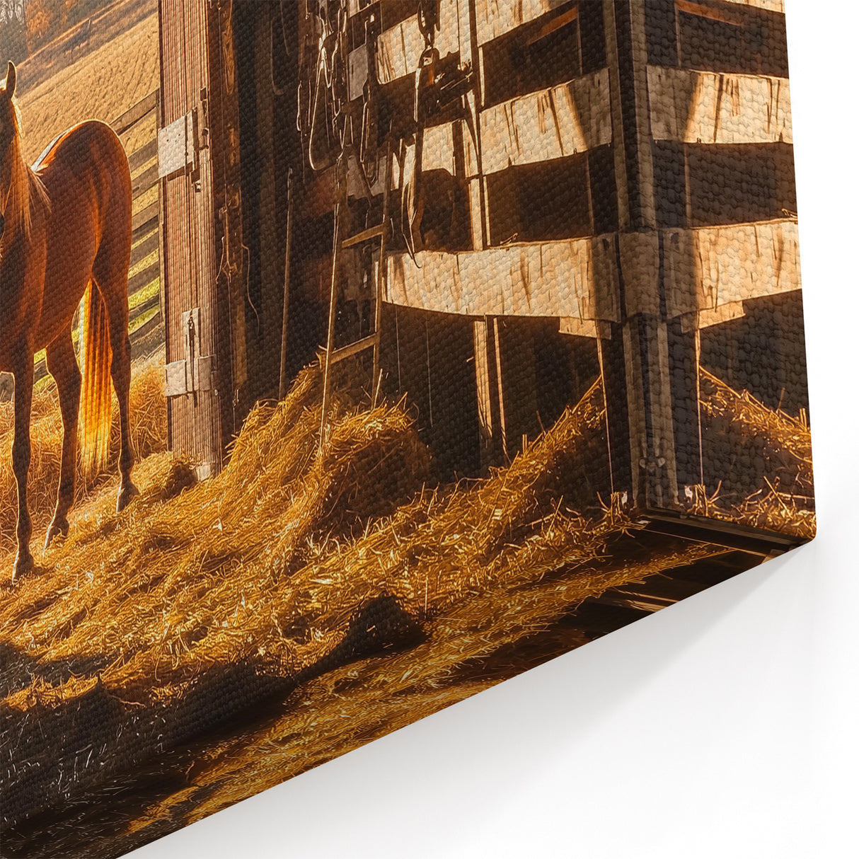 Horse in Rustic Barn at Sunset - Countryside Wall Art for Farmhouse Decor