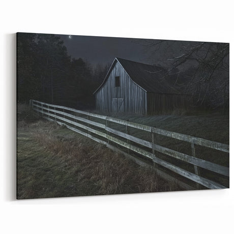 Rustic Night Barn Wall Art – Farmhouse Canvas with Moonlit Landscape