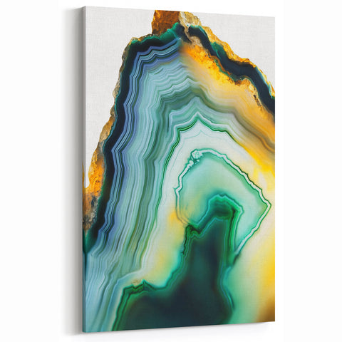 Abstract Geode Line Art – Green, Blue, and Gold Stone-Inspired Canvas