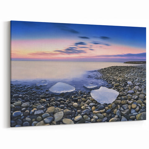 Rocky Beach Sunset Wall Art - Vibrant Coastal Ice and Ocean Decor