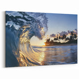 Dynamic Ocean Wave Wall Art - Sunset Beach Scene with Palm Trees