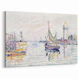 Modern Wall Art: Coastal Harbor Scene with Vibrant Boats and Architecture