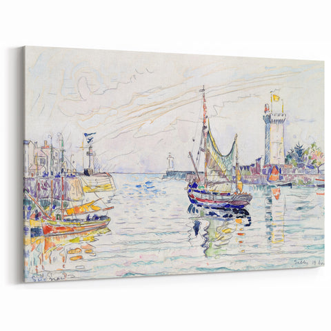 Modern Wall Art: Coastal Harbor Scene with Vibrant Boats and Architecture