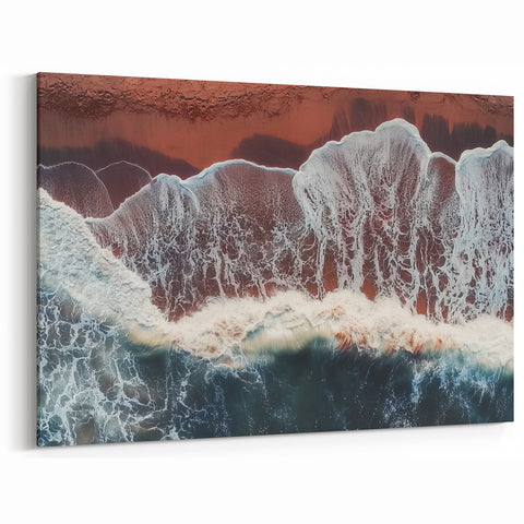 Crimson Shoreline Waves Wall Art - Dramatic Aerial Beach Scene Decor