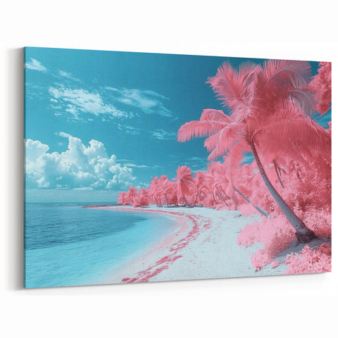 Surreal Tropical Beach Wall Art - Pink Palms and Turquoise Waters