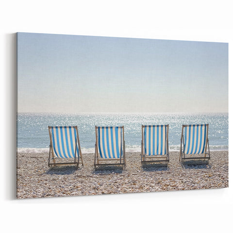 Striped Beach Chairs Wall Art - Sparkling Ocean and Pebble Shore Decor